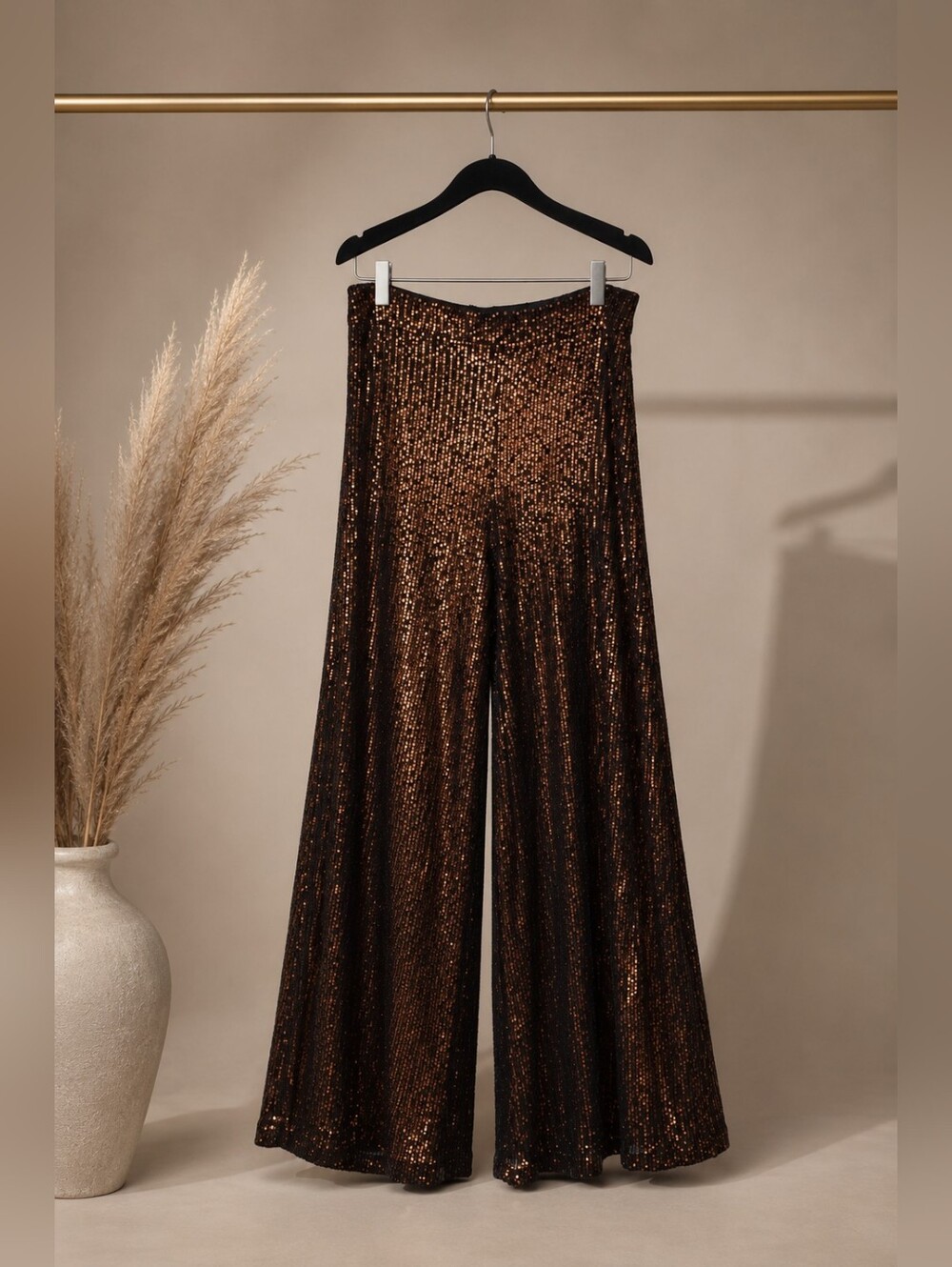 CHICME Bronze Sequin Wide Leg Pants Women's Medium Glam Party Evening Palazzo - Picture 4 of 9